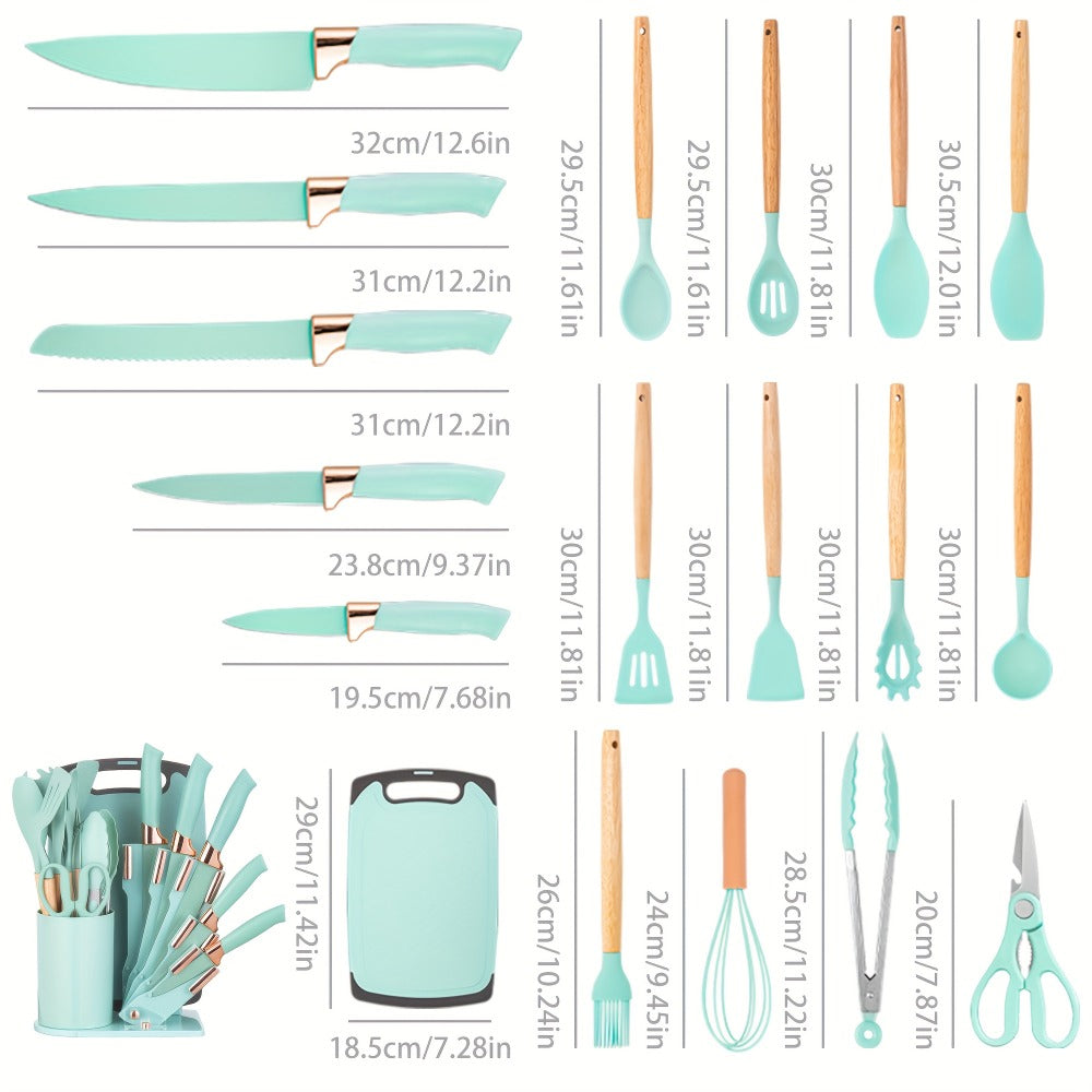 19-Piece Kitchen Knife & Utensil Set with Wooden Handles, Non-Stick Blades, Silicone Cooking Tools, Cutting Board, Scissors & Holder