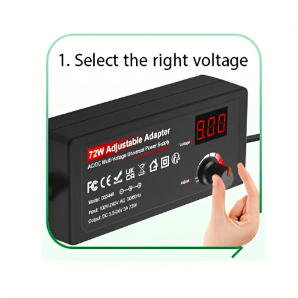 Adjustable AC to DC Power Adapter 72W - 3-24V Variable Power Supply with LCD Voltage Display, Knob Control, 15 Interchangeable Tips, Overvoltage & Short Circuit Protection, 100-240V Universal Input