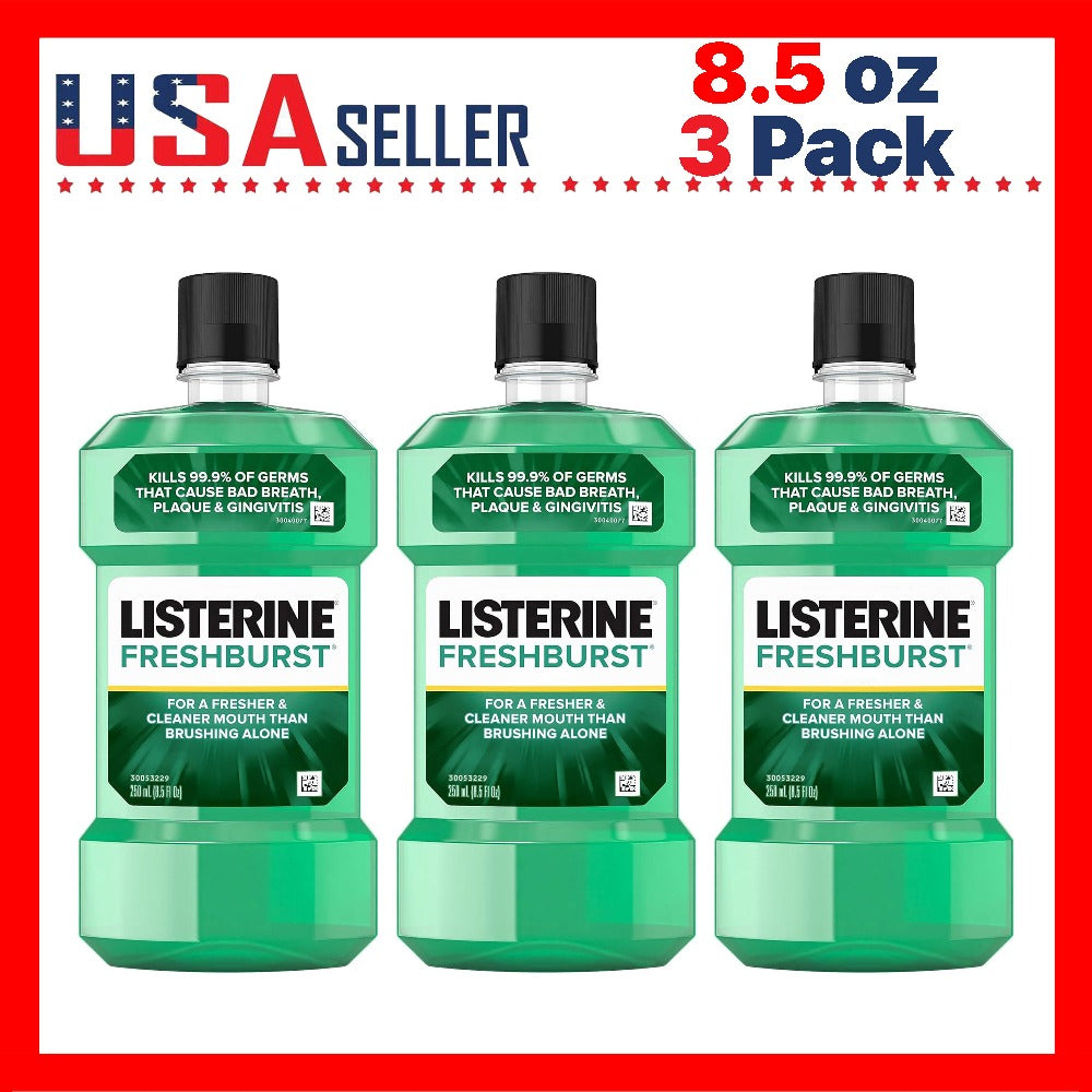 Listerine Mouthwash Fresh Burst 250ml - 3 Pack Travel Size Oral Rinse for Long-Lasting Fresh Breath, Deep Clean, Plaque Reduction, Daily Mouth Care for Men & Women