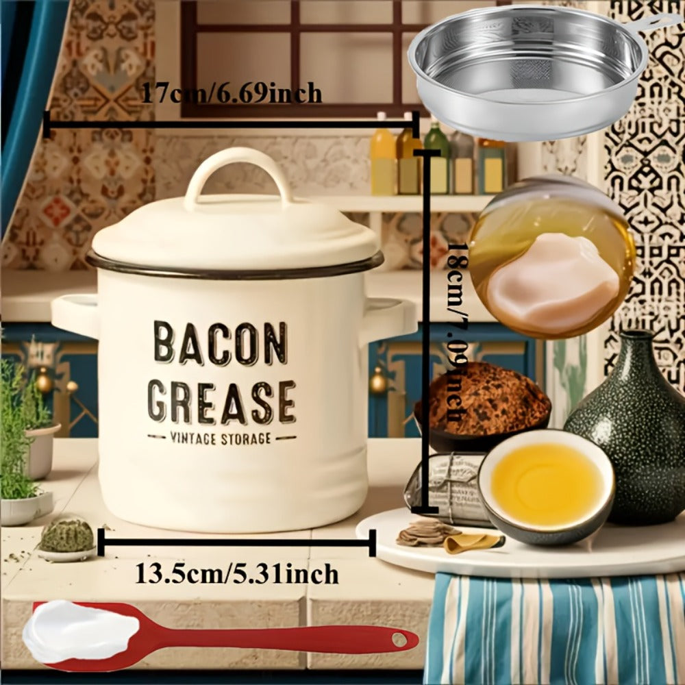 Bacon Grease Container with Lid, Large Capacity Grease Storage Can with Heat-Resistant Filter, Silicone Spatula & Cleaning Sponge Set, Flip-Top Oil Holder for Kitchen Household Use