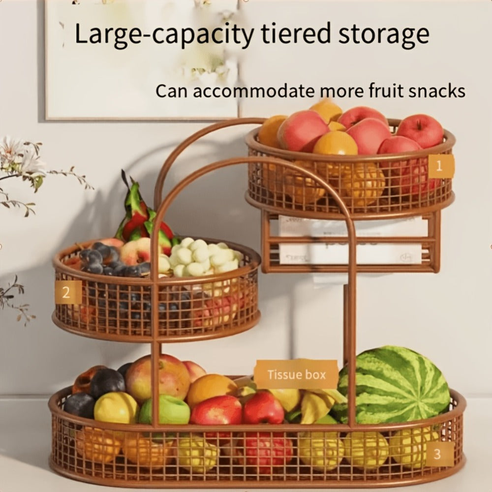 3-Tier Metal Fruit Basket Stand Extra Large Heavy Duty Countertop Fruit Bowl with Grid Design, Breathable Ventilated Multi-Level Storage Rack for Fruits Vegetables Bread Kitchen Organization