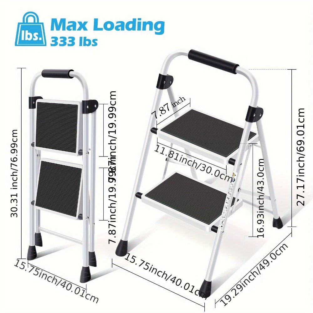 2 Step Ladder Foldable Heavy Duty Steel, Non-Slip Wide Pedal Step Stool with Safety Handle, Lightweight Portable Folding Step Ladder for Home Kitchen Bathroom Garage, 250lb Capacity, White & Red