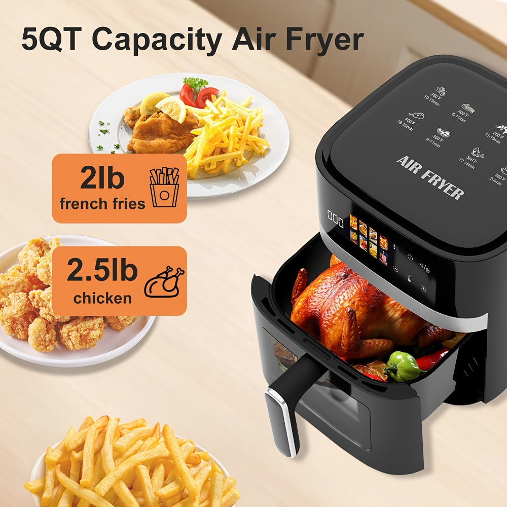 Air Fryer 6QT Multi Function LED Digital Touchscreen Visible Window Oil Free Non-Stick Basket Warm Broil Toast Bake Air Fry Easy Clean Countertop Healthy Cooking Black