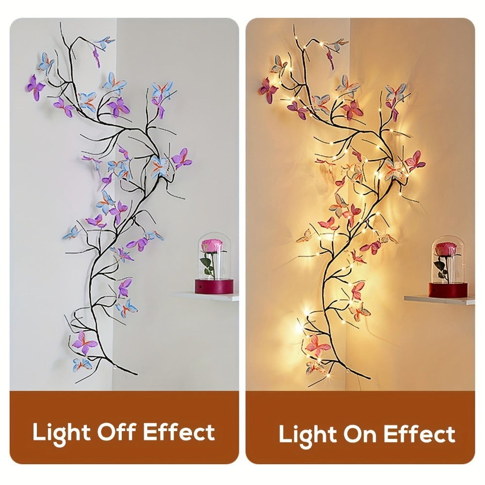 Butterfly Branch String Lights ¨C 30 LED Vine Fairy Lights with Artificial Purple-Blue Butterflies, 8 Lighting Modes, USB Powered Warm White, Boho Wall Decor for Bedroom Wedding Birthday Party Festival