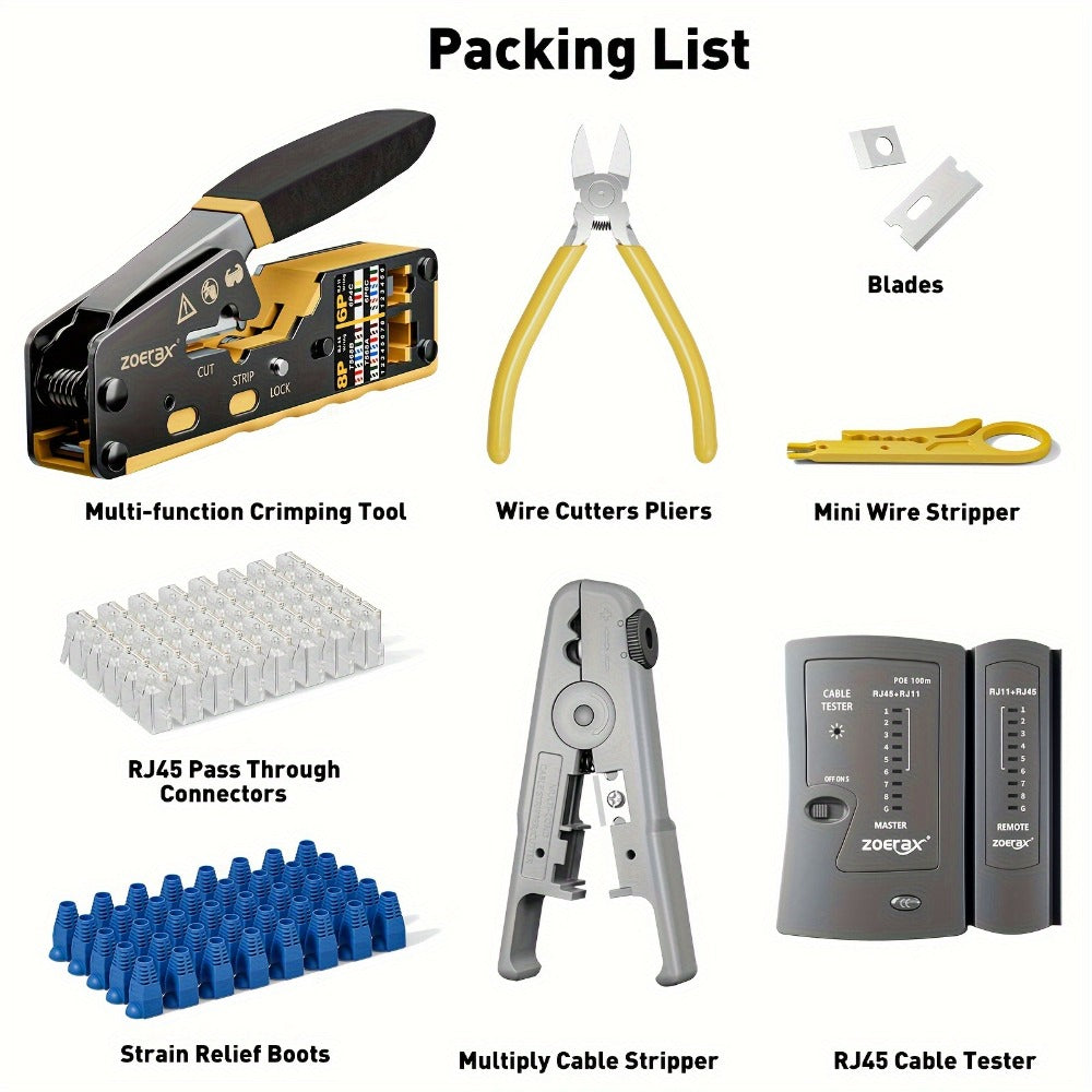 RJ45 Crimping Tool Kit Ethernet - CAT5/CAT5e/CAT6 Pass Through Crimper with Cable Tester, Wire Stripper, Pliers, Spare Blades, 50pcs CAT6 Connectors & Strain Relief Boots, Network Cable Kit