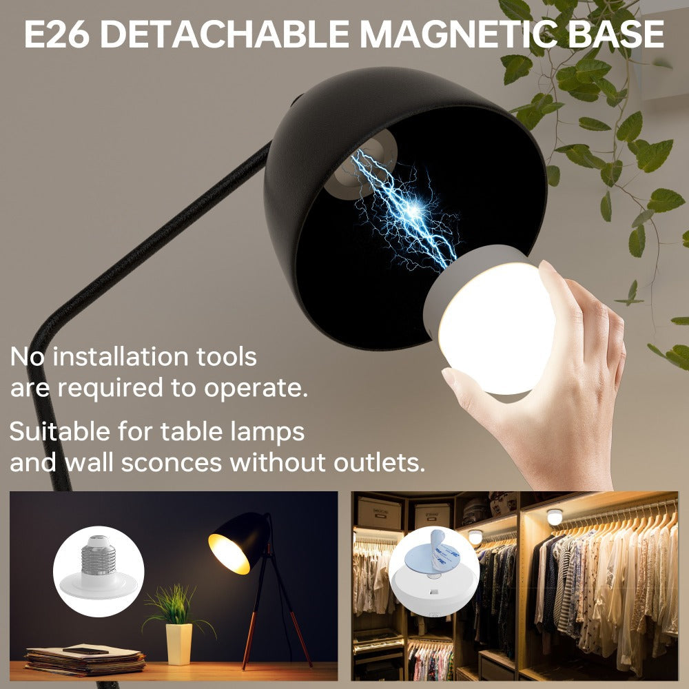 Rechargeable LED Light Bulb E26 3000mAh 400LM with Remote Control ¨C USB Wireless Puck Light, 3 Color Temperatures, 12 RGB Colors, Timer, No Wiring for Lamps Closets Cabinets Indoor Lighting 4 Pack