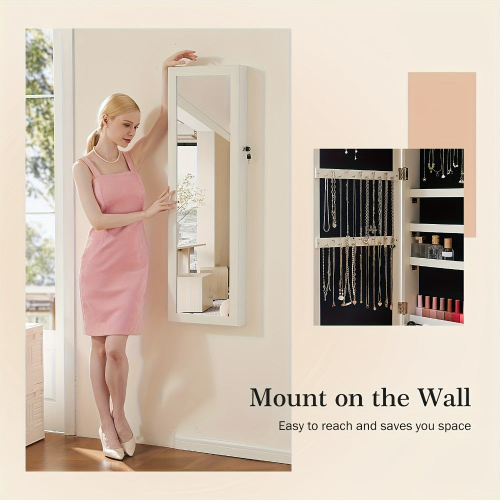 Jewelry Armoire Floor Standing 47.2¡± Full-Length Mirror Cabinet with 6 LED Lights Dual Lock, Jewelry Organizer for Necklaces Earrings Rings Bracelets, Bedroom Closet Storage 4 Colors