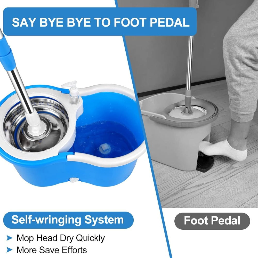 360 Spin Mop and Bucket Set with Wringer - Stainless Steel Extended Handle Spinning Mop Bucket System with Microfiber Mop Refills for Hardwood, Tile & Laminate Floor Cleaning, Black Blue Pink Red