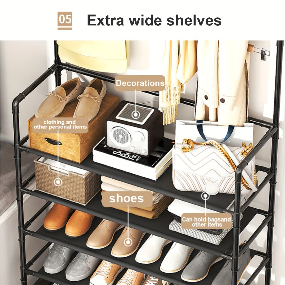 Shoe Rack Organizer with 8 Double Hooks & Multi-Layer Storage Shelves ¨C Floor Standing Coat Hat Holder for Entryway Bedroom Living Room
