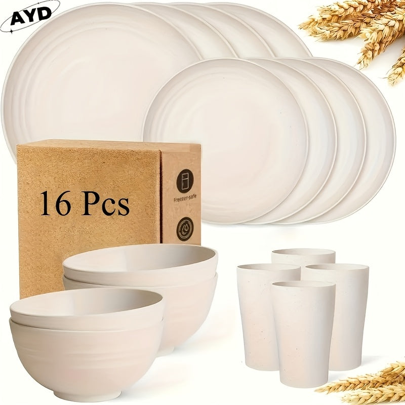 Wheat Straw Dinnerware Set Unbreakable 16 or 32-Piece Service for 4 or 8, Lightweight Dishwasher Microwave Safe Dish Set with Plates Bowls Cups, Modern Kitchen Tableware for Everyday Camping Outdoor Use