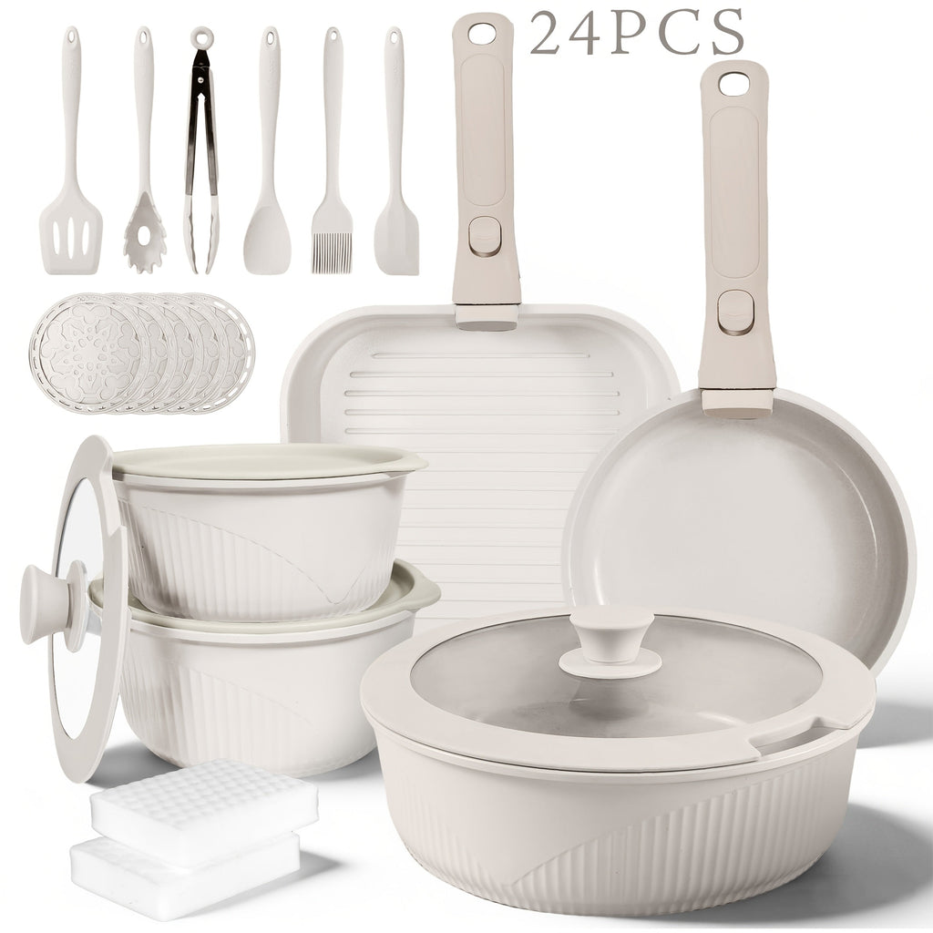 Nonstick Cookware Set 5/7/24 Piece Induction Ready with Detachable Handles ¨C Stackable Pots & Pans Set Includes Skillet Frying Pan Soup Pot Steak Pan for Home RV Kitchen, Multiple Colors