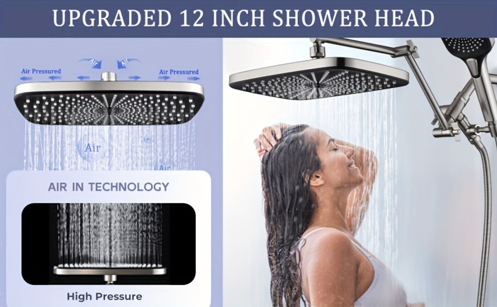 Rain Shower Head with Handheld Combo 12 Inch High Pressure Rainfall Showerhead Set ¨C 4-Function Spray, 3-Way Diverter, 2-Stage Extension Arm & 71¡± Hose, Matte Black / Chrome / Brushed Nickel