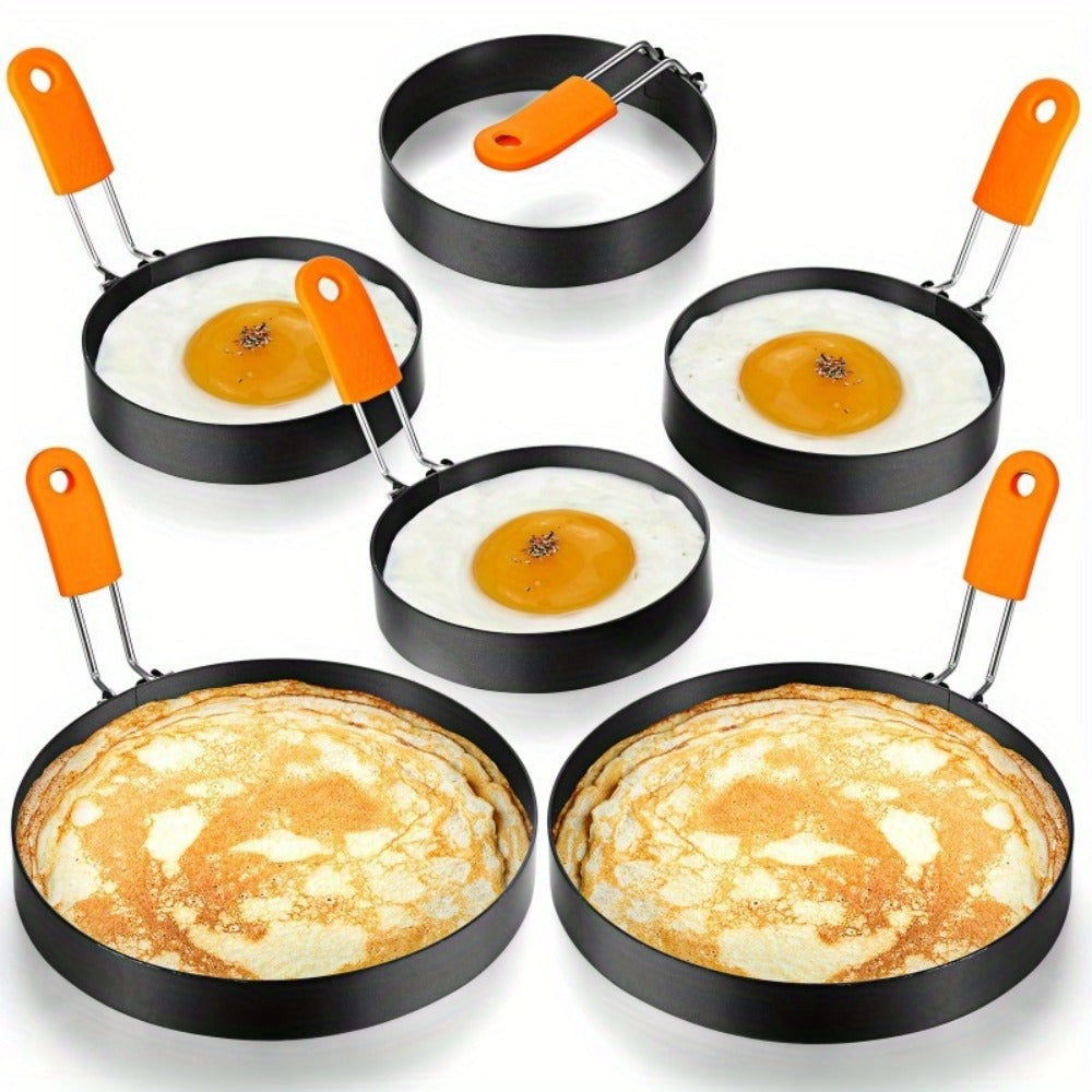 Egg Ring Set 6pcs Nonstick Stainless Steel Pancake Mold 4 Inch and 6 Inch Silicone Handle Round Griddle Shaper for Eggs Omelettes Pancakes Sandwiches Breakfast Cooking