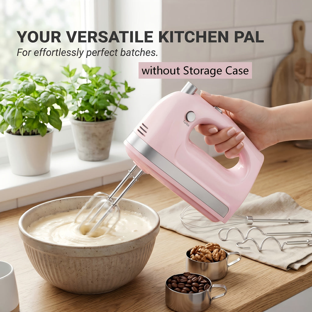 Electric Hand Mixer 5 Speed Turbo Boost - 5 Stainless Steel Accessories, Optional Storage Case, Handheld Mixer for Cookies, Cake, Bread & Baking, Kitchen Gift in 5 Colors Pink Green Purple Black