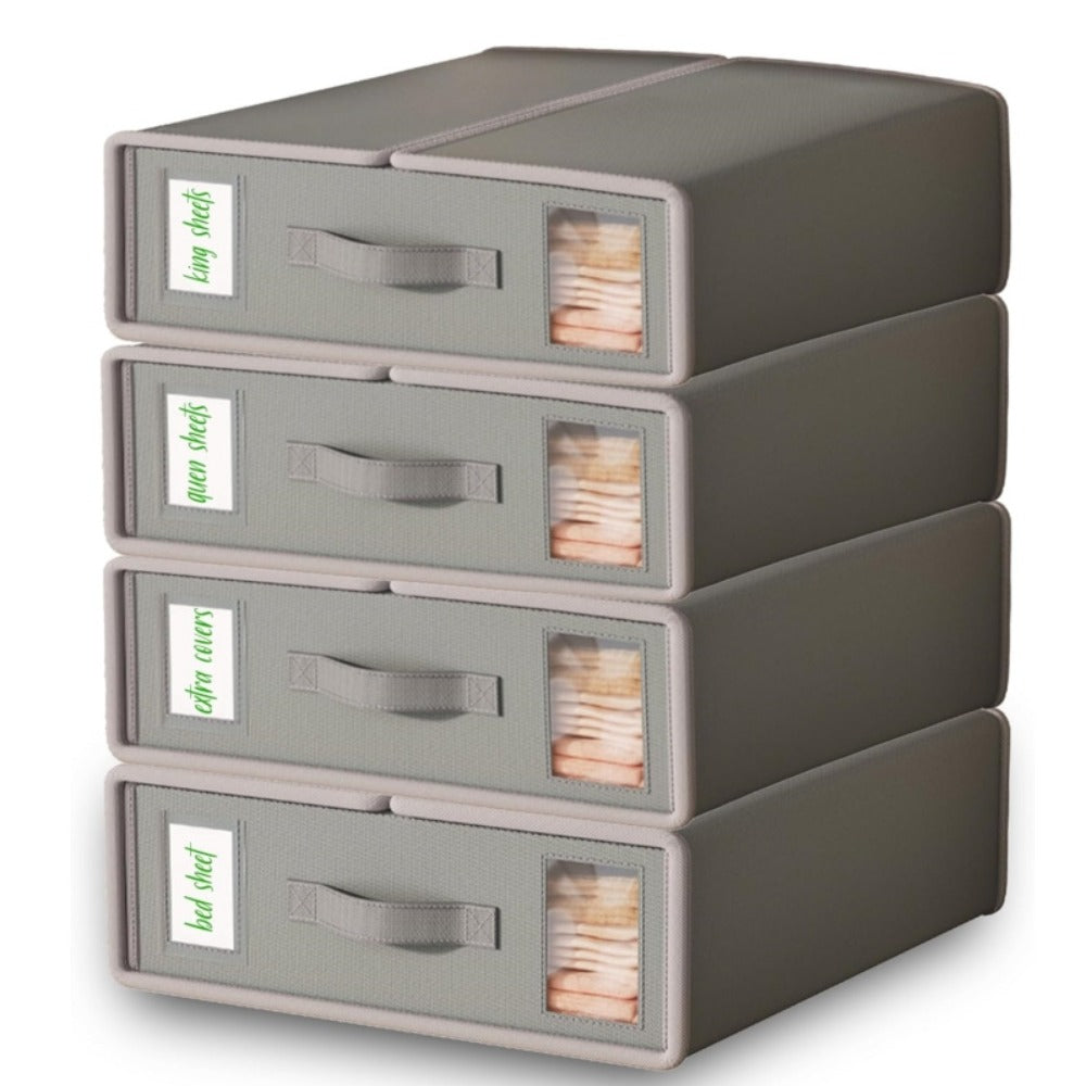 Bed Sheet Storage Organizer Boxes 4-Pack Foldable Fabric Bins with Clear Window & Label, Closet Bedding Storage Box for Sheets Duvet Covers Blankets Pillowcases, Oxford or Non-Woven, Grey Beige