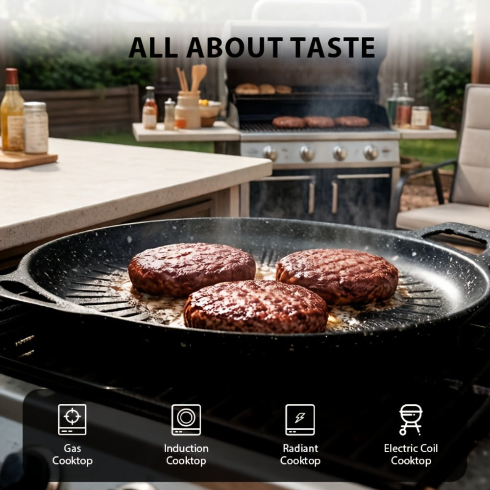 BBQ Griddle Pan Non-Stick with Oil Drain Groove & Double Handles ¨C Multi-Function Grill Frying Pan with Oil Brush for Outdoor BBQ Family Gatherings Indoor Stovetop Cooking | Easy Clean Cookware