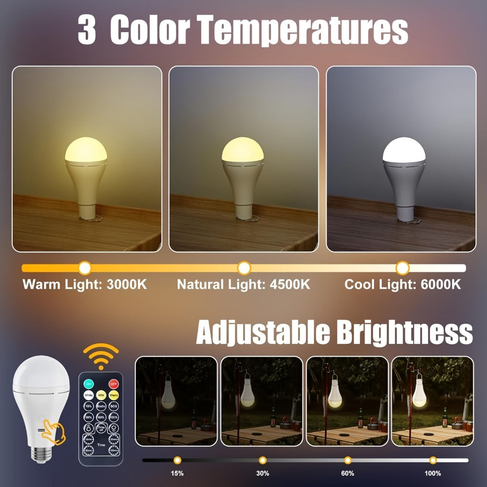 USB Rechargeable Light Bulbs 2-Pack with Remote Control Dimmable Timer 3 Color Temperatures E26 9W 350LM 2000mAh Emergency LED Bulb with Hook for Camping