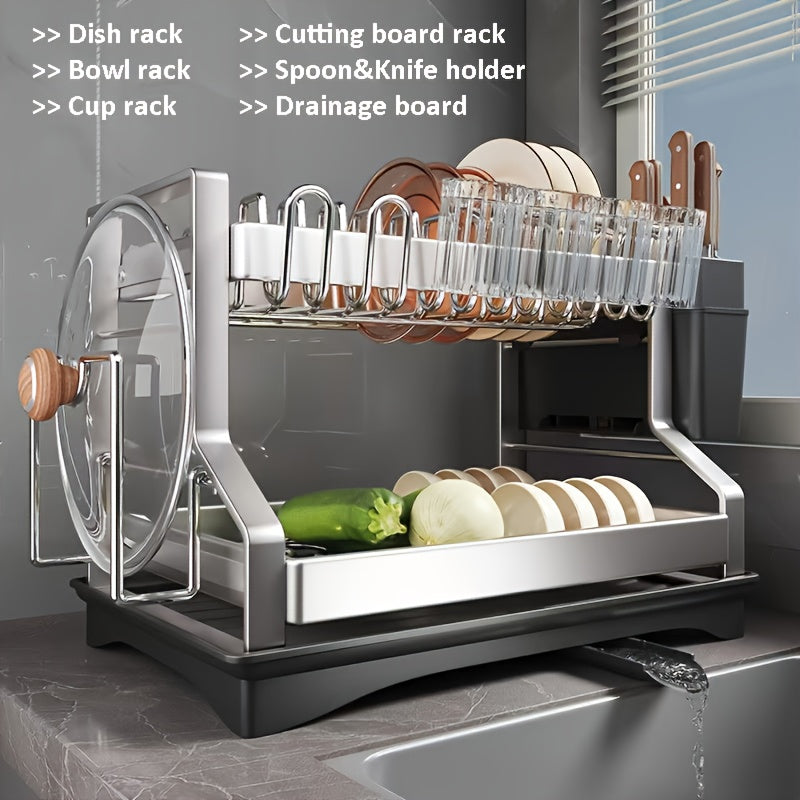 Stainless Steel 2-Tier Dish Rack with Auto Drainage | Rust-Resistant Kitchen Drying Rack for Dishes, Bowls, Cups & Utensils