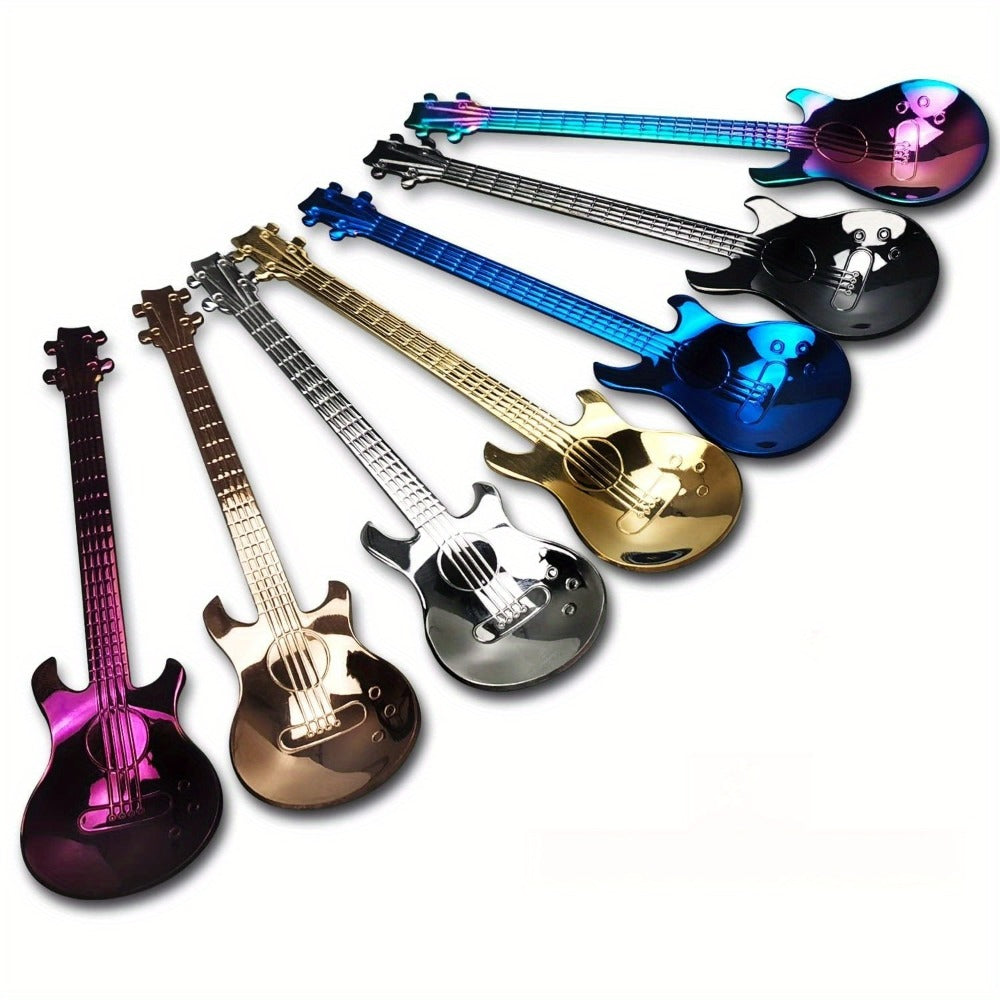 Guitar Shaped Spoons Set of 6 304 Stainless Steel Creative Teaspoons for Coffee Milk Tea Ice Cream Dessert - Colorful Novelty Cutlery Gift Set 7 Random Colors