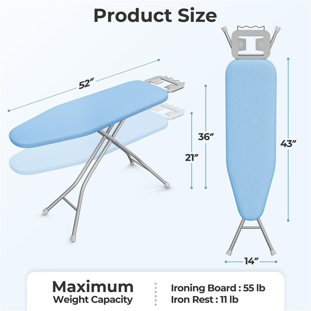 Ironing Board Full Size Adjustable Height Foldable Iron Board with 4-Leg Stand 4-Layer Thick Pad Iron Rest Safety Lock for Home Dorm Laundry Room