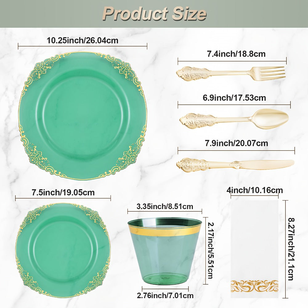 Disposable Party Plates Set 175 Pieces for 25 Guests Clear Plastic Plates with Gold Trim, Includes Dinner Plates Dessert Plates Cups Napkins Gold Silverware for Wedding Birthday Party Christmas