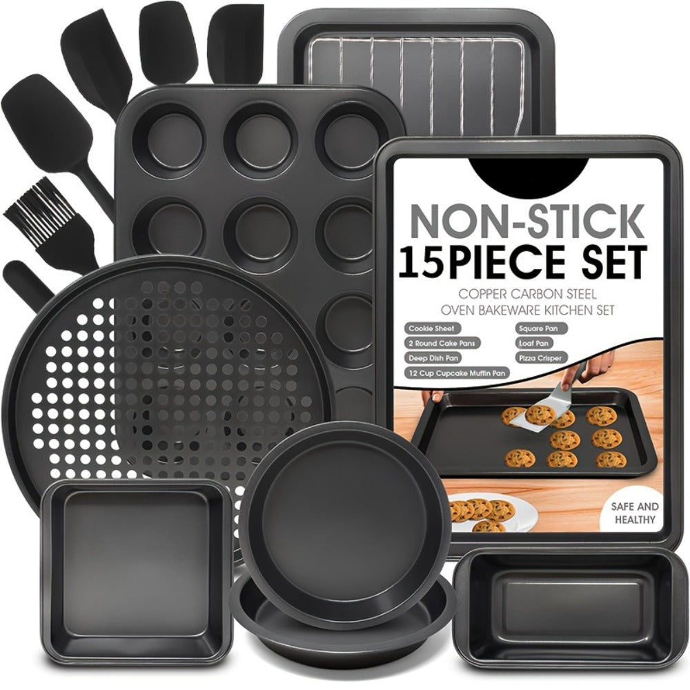 Nonstick Bakeware Set with Cooling Rack Cookie Sheet Cake Pans Loaf Muffin Pizza Pan Oven Safe Baking Pans Set for Kitchen 6 14 15 Piece