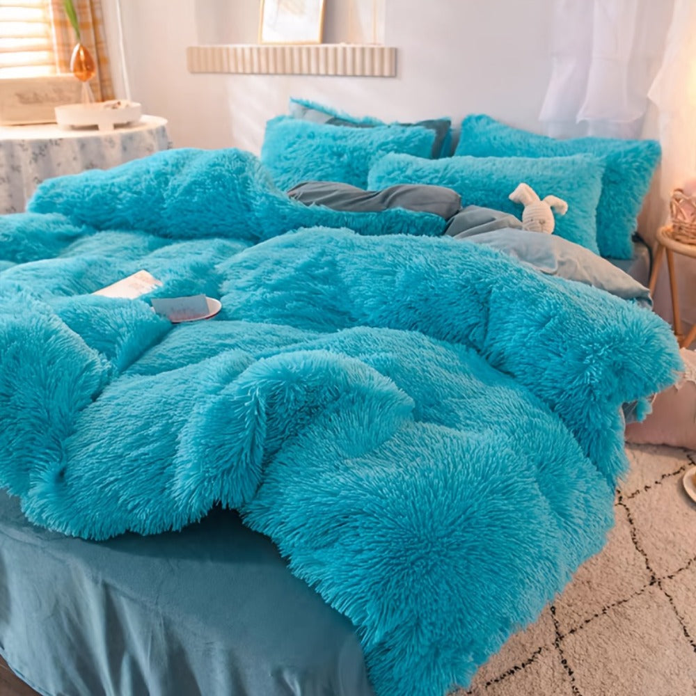 Fluffy Bedding Set 4pcs Soft Warm Plush Duvet Cover with Pillowcases Queen King - Cozy Autumn Winter Comforter Set 8 Colors