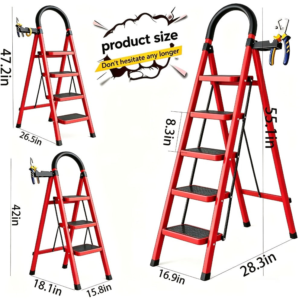 Folding Step Ladder with Anti-Slip Pedals & Handrail ¨C 2/3/4/5 Step Stool for Adults, Sturdy Steel, Lightweight Portable, Non-Slip Feet, Rust-Resistant, Foldable for Home Kitchen Office Bedroom Use