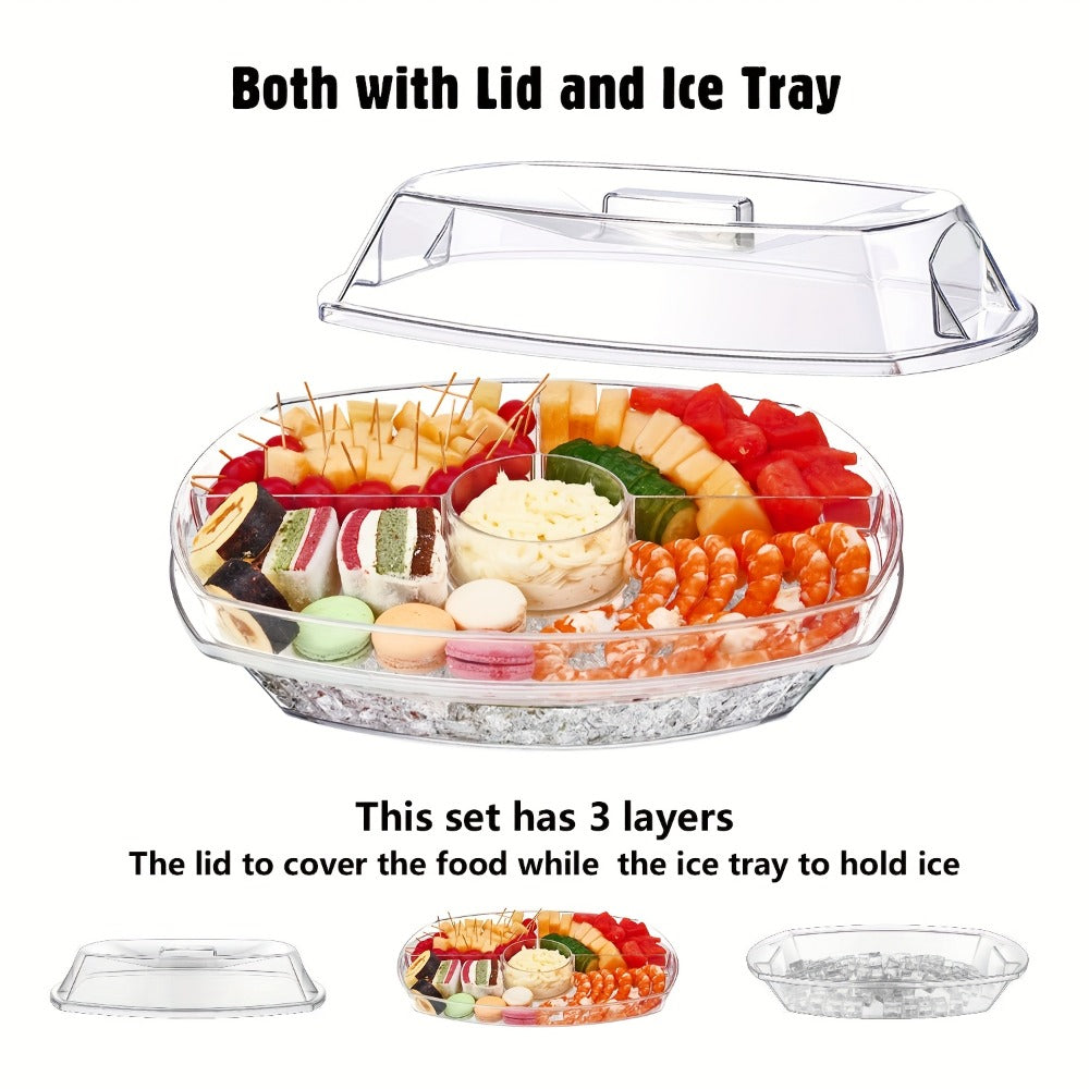 Appetizer Serving Tray with Ice Tray & Flip Lid ¨C 15 Inch Round Chilled Condiment Serving Platter, BPA-Free Plastic Veggie Dip Bowl, Dishwasher & Freezer Safe Party Snack Tray