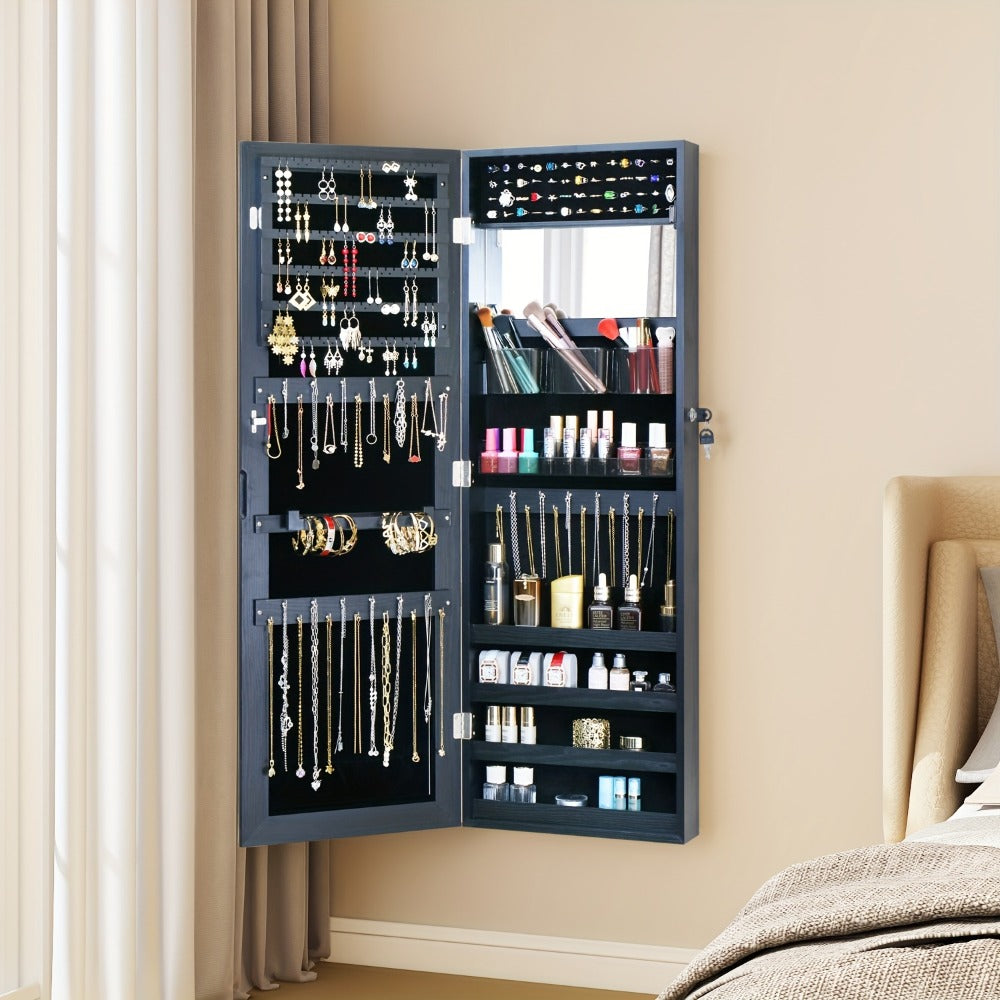 Full Length Mirror Jewelry Armoire Cabinet, 2-in-1 Lockable Over the Door Mirror with Jewelry Storage, Makeup Organizer with Baskets Bins & Hooks, Bedroom Vanity Jewelry Cabinet in Black White Brown