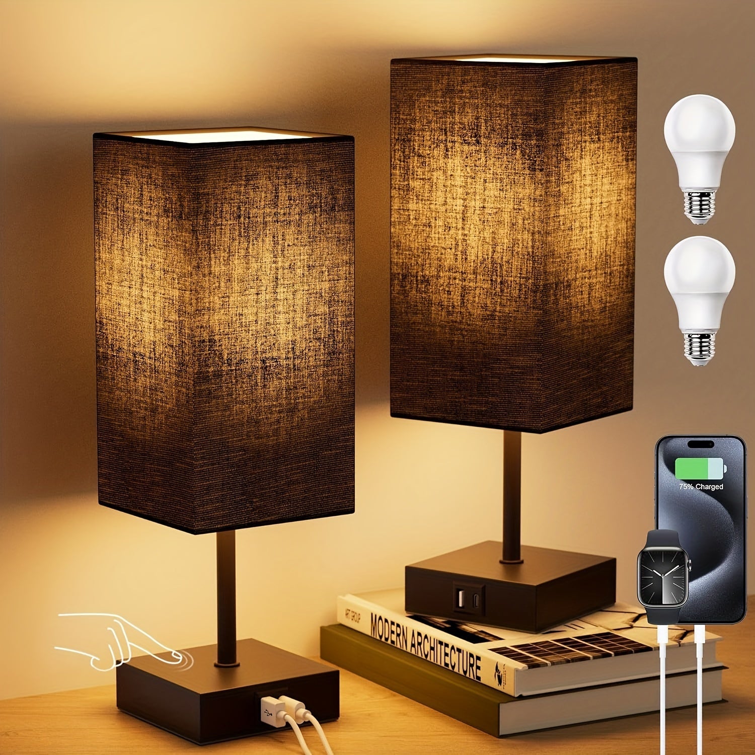 Bedside Lamps Set of 2 3-Way Dimmable Touch Nightstand Lamp USB-C A Charging Port LED Bulb Included Bedroom Living Room Decor Navy Blue Black Brown