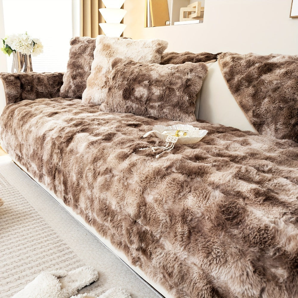 Plush Sofa Cover Faux Lamb Thick Fluffy Couch Slipcover Pet Friendly Machine Washable Gradient Color Polyester Furniture Protector for Armchair Single Double Triple Sofa Living Room Home Decor