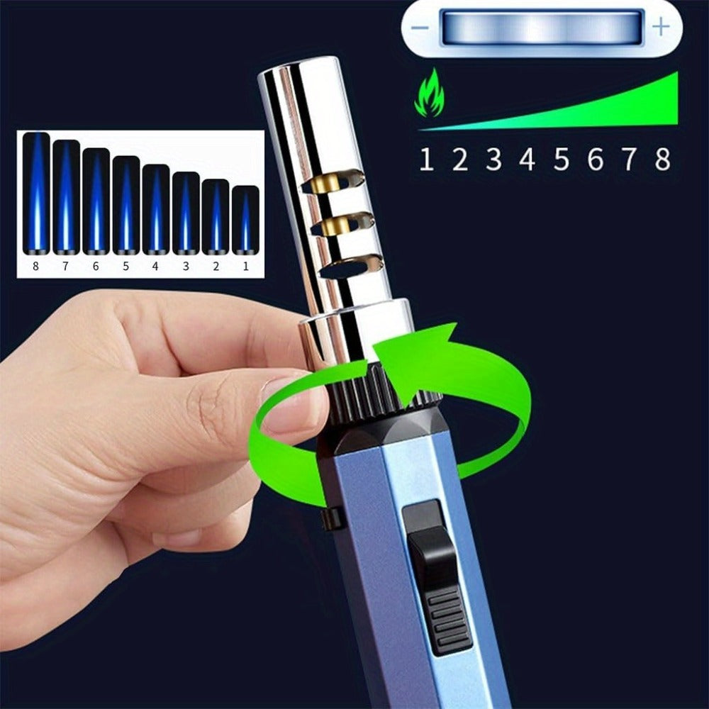 Windproof Jet Flame Torch Lighter with Safety Lock & Switch Lock, Large Adjustable Flame, Outdoor Torch for Campfire BBQ Baking Camping, Gas Not Included, Black Silver Blue