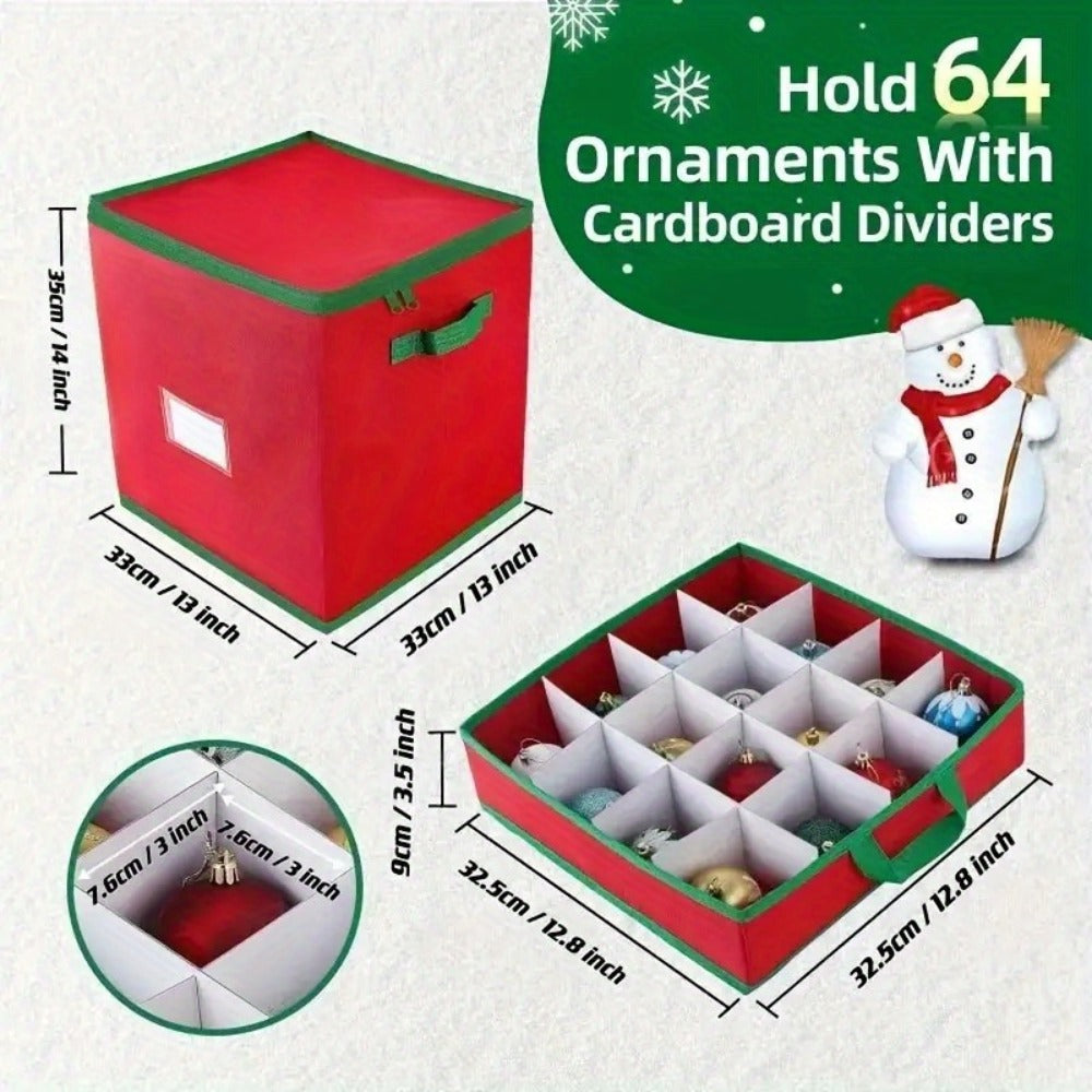 Christmas Ornament Storage Box ¨C Holds Up to 64 Holiday Ornaments, Adjustable Dividers, Covered Lid & Dual Handles, Clear Protective Container Keeps Decorations Safe, Clean & Dust-Free