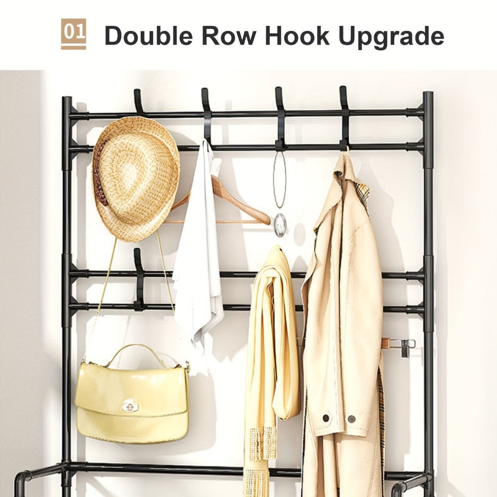 Shoe Rack Organizer with 8 Double Hooks & Multi-Layer Storage Shelves ¨C Floor Standing Coat Hat Holder for Entryway Bedroom Living Room