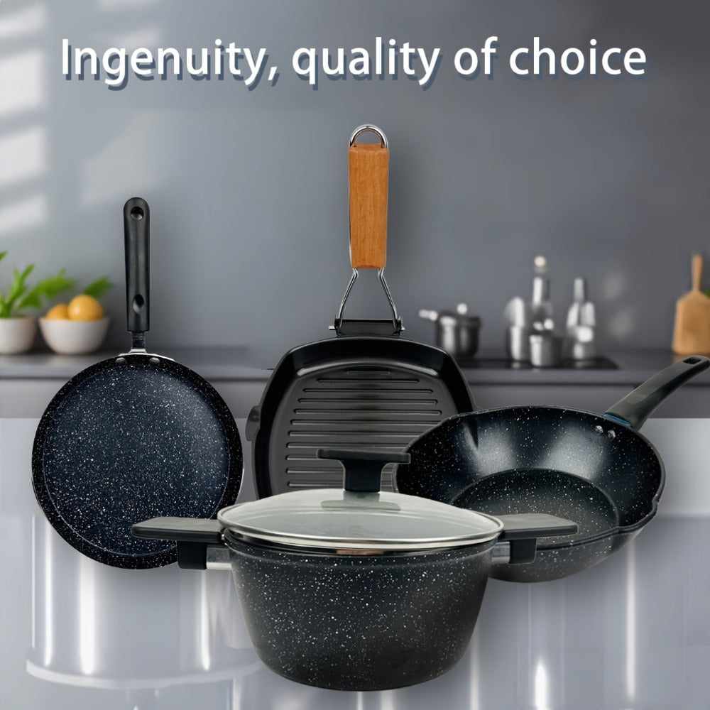 Non-Stick Cookware Set 4pcs Aluminum Frying Pan Kitchen Cooking Set Even Heat Distribution Easy Clean for Sauteing Searing Frying Everyday Home Cooking Black