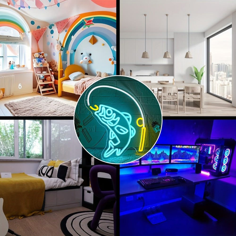 Fishing Neon Sign LED Wall Decor ¨C Dimmable Multicolor Go Fishing Hook Neon Light for Man Cave, Bedroom, Tackle Shop, Bar & Game Room, Fly Fishing Gift & Unique Wall Art