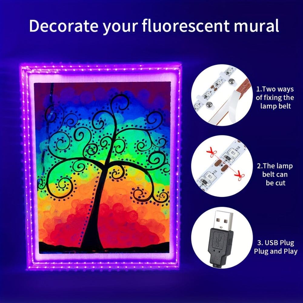 UV Black Light Bars & Strips 8-Piece Set ¨C 385-400nm USB Powered 5V LED Blacklight for Glow Party, Halloween, Neon Party, Body Paint & Fluorescent Art (4x32cm + 4x250cm)