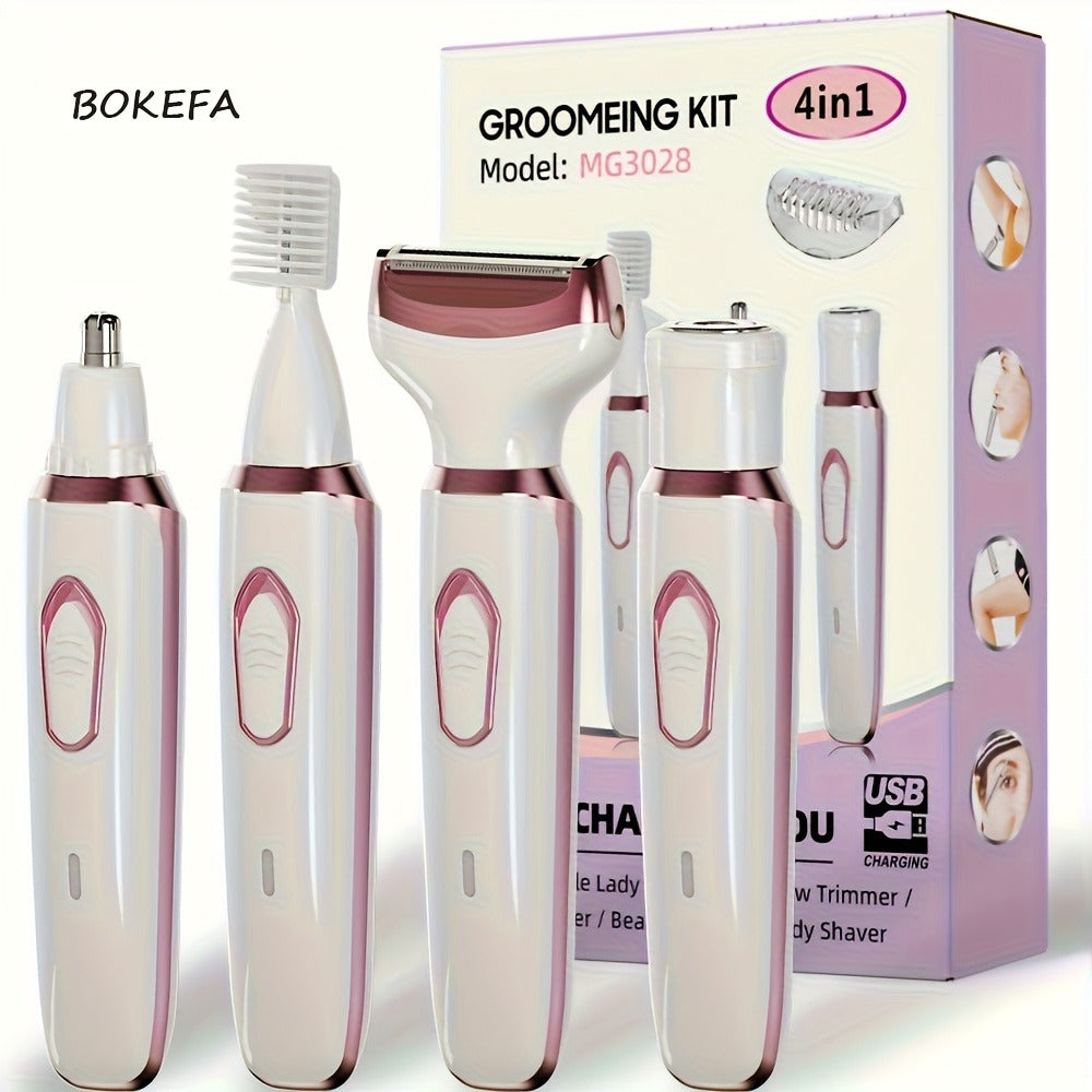 Women's Electric Razor 4-in-1 Painless Grooming Kit Wet Dry Rechargeable Trimmer for Face Nose Legs Underarm Bikini Portable Hair Removal Tool for Women