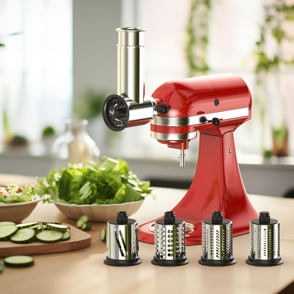 Stainless Steel Slicer Shredder Attachment for Stand Mixers with 4 Dishwasher Safe Blades ¨C Multi-Function Vegetable Fruit Cheese Grater Salad Maker & Powder Grinder for Carrots Potatoes