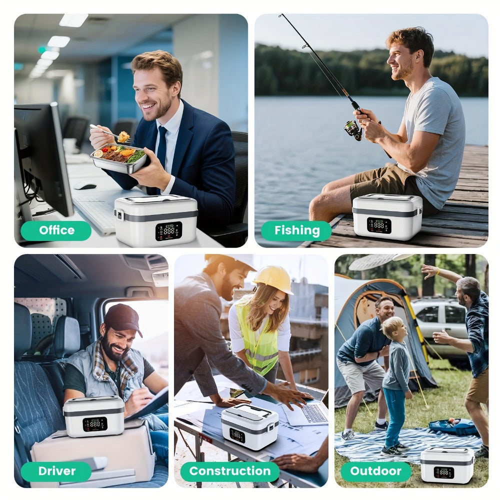 Self Heating Lunch Box Battery Powered 8000mAh - 60W Portable Electric Food Warmer with Smart Timer 1 Liter Stainless Steel Inner Container for Home Car Office and Truck, Leak Proof with Fork Spoon and Carry Bag, Gift for Men and Women
