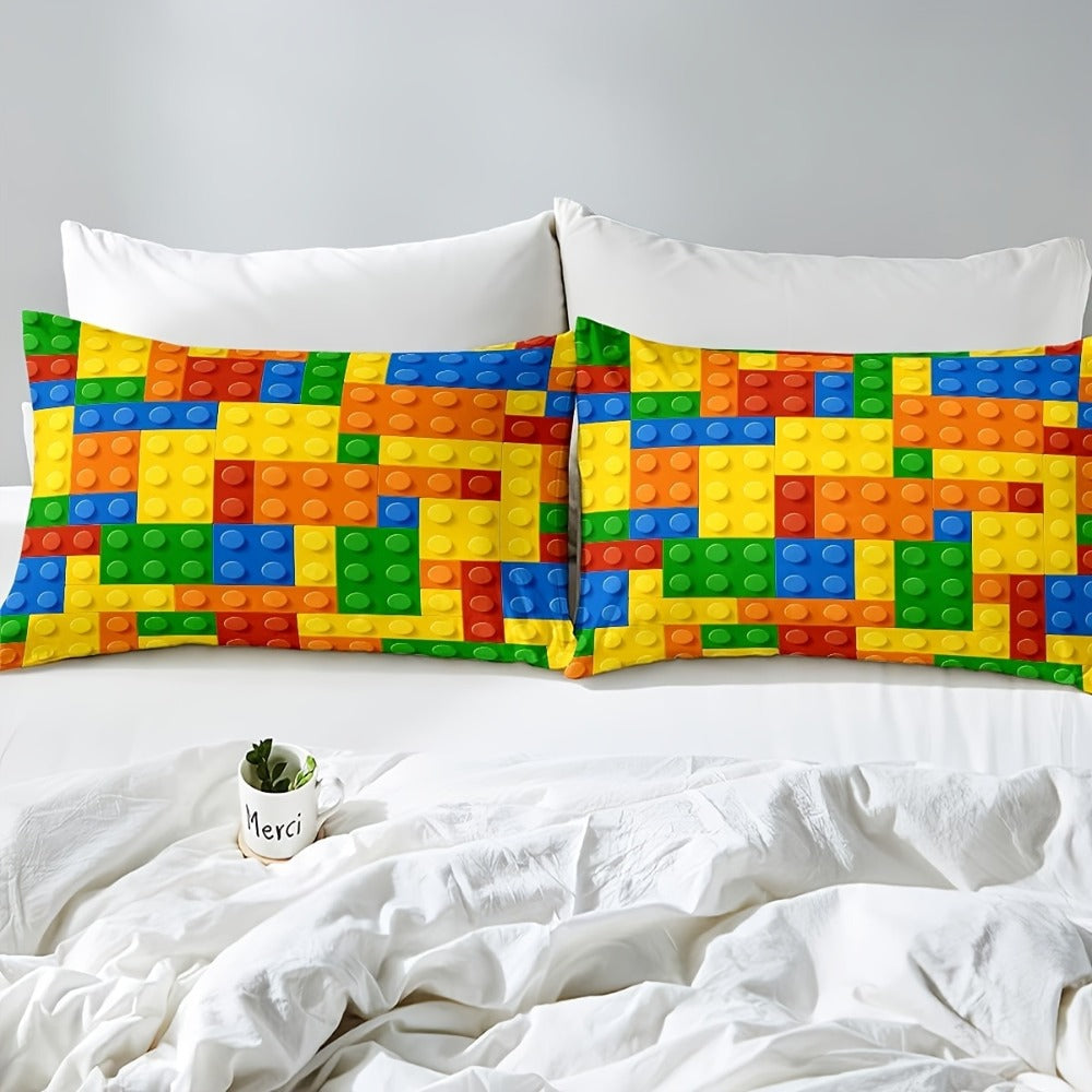 Game Themed Bed Sheet Set 3/4pcs, Colorful Building Block Design Bedding for Twin Full Queen King, Fitted Sheet Flat Sheet Pillowcase for Kids Adults Men Women Bedroom