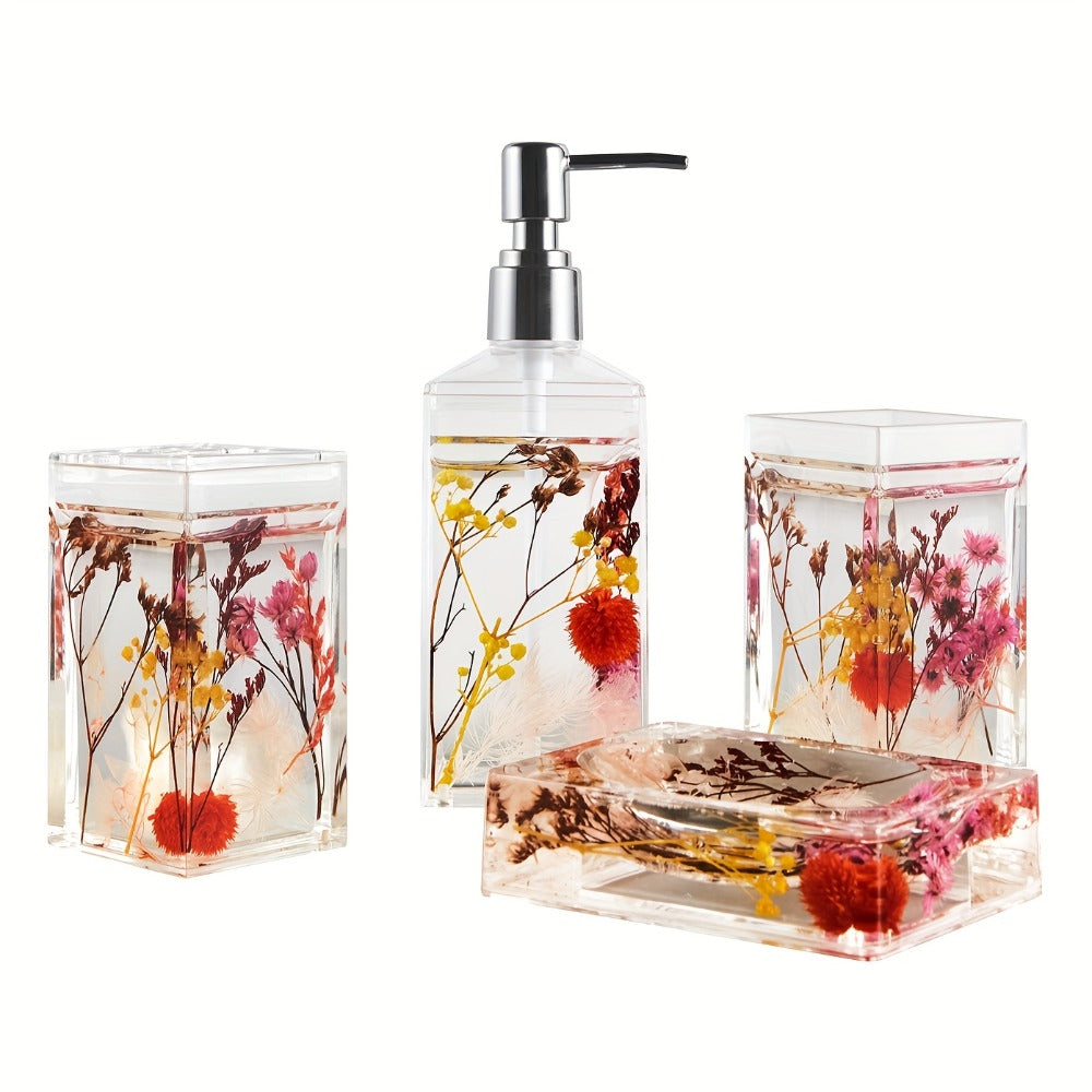 Bathroom Accessory Set 4-Piece 3D Floating Motion Acrylic Liquid Vanity Kit - Tumbler, Toothbrush Holder, Soap Dispenser & Soap Dish, Handcrafted Shell & Leaf Decor, Ocean Dolphin Conch Leaf Styles