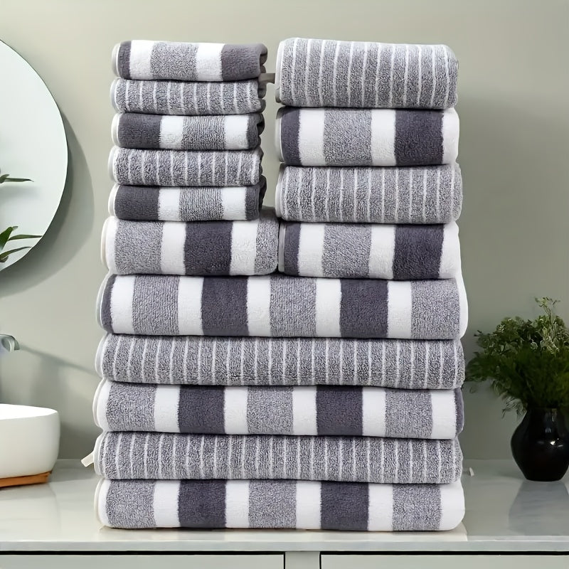 Coral Fleece Towel Set 9 or 15 Piece No Hair Loss 320GSM - Super Soft Absorbent Two-Color Striped | 2 Bath 2 Face 5 Hand Towels | Gray Brown Red Green Blue Mixed | Bathroom Beach Essentials