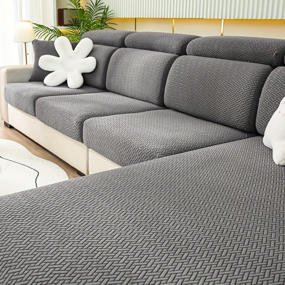 Jacquard Stretch Sofa Cover Non-Slip | Elastic Wear-Resistant Couch Slipcover, Polyester Jacquard Fabric, 1 to 4 Seat Sectional L-Shape, Armrest Backrest, Machine Washable