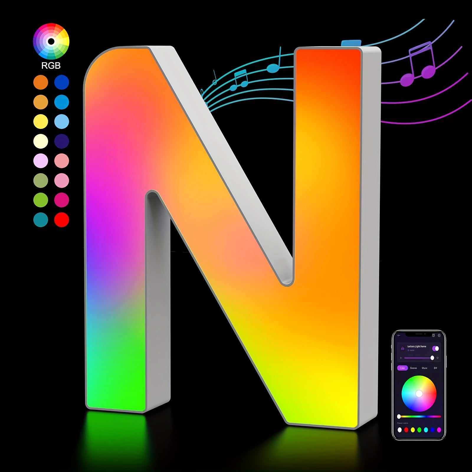 LED Letter Lights Music Sync - Colorful Flashing Marquee Alphabet Lights for Room Decor, Party, Bedroom, Festival & Camping, Numbers 0-9 & A-Z & Symbols Available, Night Light Wall Decoration