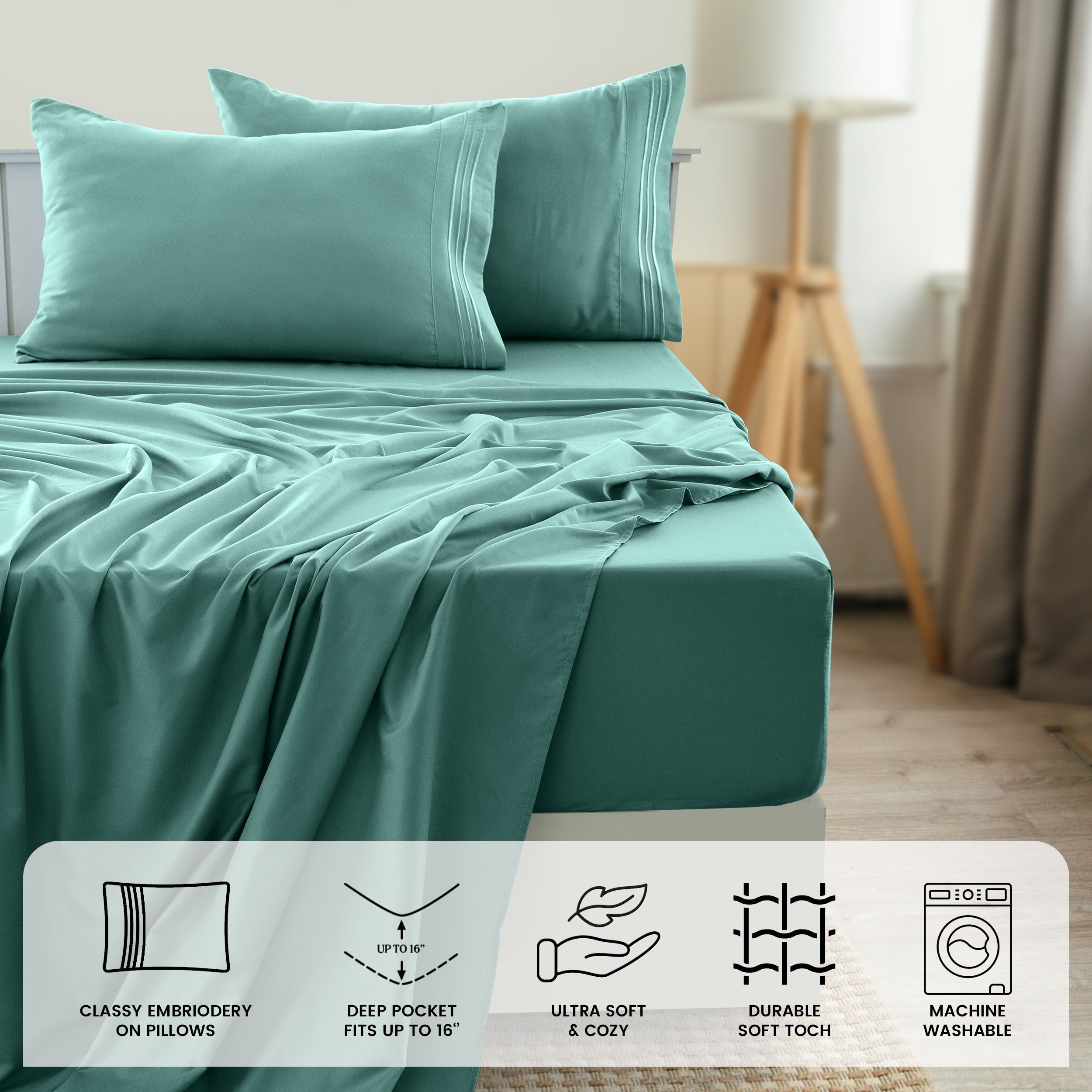 Fitted Sheet Set 6-Piece Brushed Polyester Deep Pocket Bed Sheets 20 Colors Hotel Luxury Soft Bedding with Embroidered Pillowcases