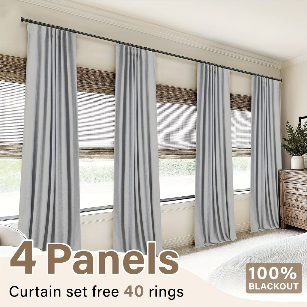 100% Blackout Curtains 4 Panels Faux Linen Textured Thermal Insulated Drapes - Room Darkening Window Curtains for Living Room Bedroom, Clip Rings & Rod Pocket, Energy Efficient Home Decor 50W x 84-120L