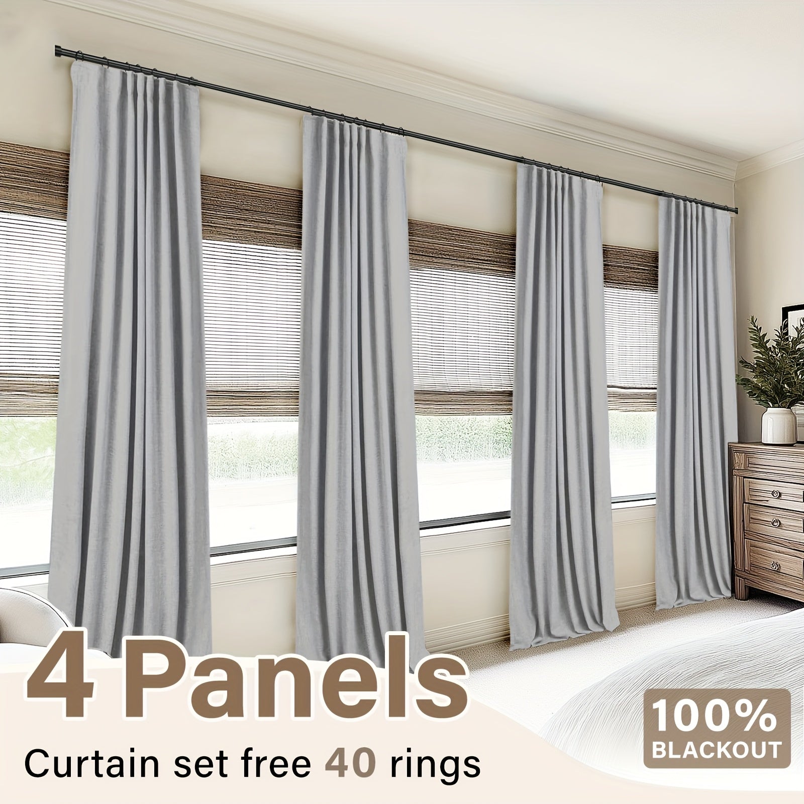 100% Blackout Curtains 4 Panels Faux Linen Textured Thermal Insulated Drapes - Room Darkening Window Curtains for Living Room Bedroom, Clip Rings & Rod Pocket, Energy Efficient Home Decor 50W x 84-120L