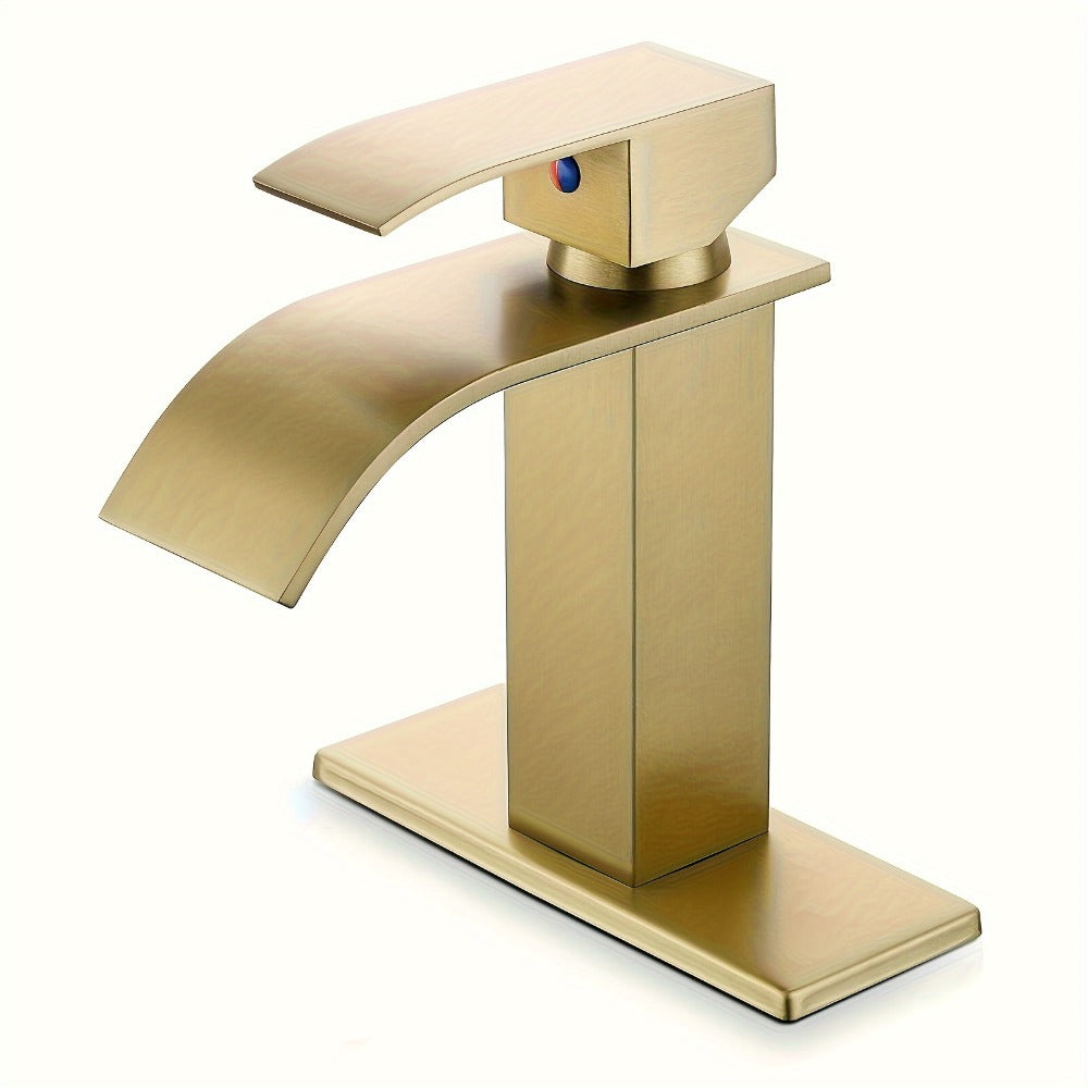 Waterfall Bathroom Sink Faucet, Single Hole or 3-Hole Mixer Tap with 6¡± Deck Plate, Ceramic Valve, Vanity Faucet for Farmhouse RV Bathroom, Brushed Gold Matte Black Nickel Chrome